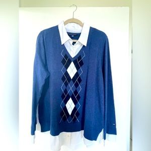 Tommy Hilfiger Women's Cotton Argyle Layered-Look Sweater. Size XL. New no tags